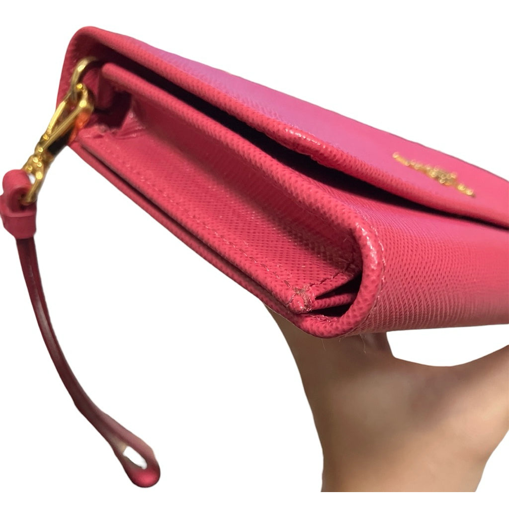 PRADA 桃粉色 浮雕LOGO 防刮皮 中夾 手機夾 保證正品