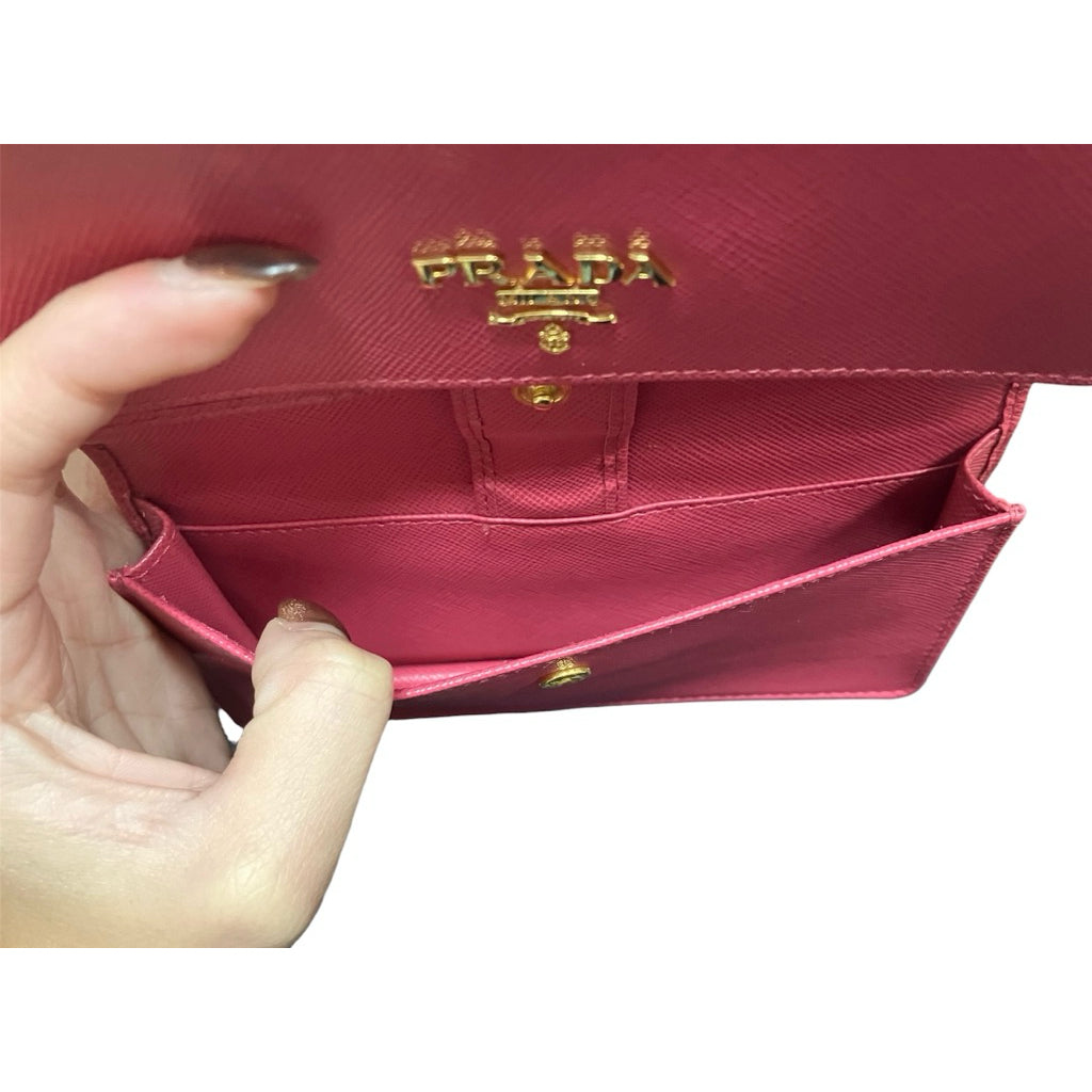 PRADA 桃粉色 浮雕LOGO 防刮皮 中夾 手機夾 保證正品