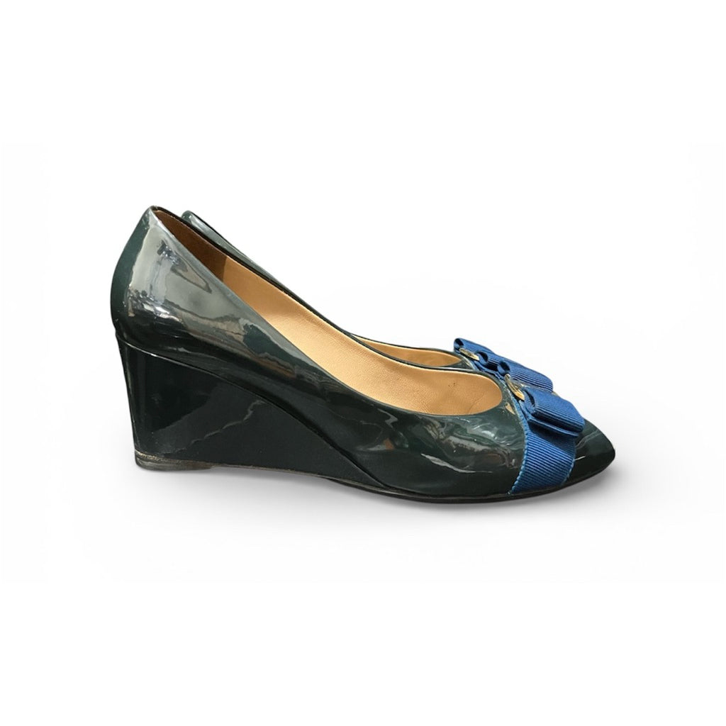 FERRAGAMO 菲拉格慕 綠色 漆皮 魚口 楔形鞋