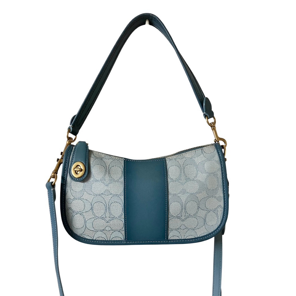 COACH 藍色 帆布 拼接 皮革 經典老花 手提 斜背包 保證正品