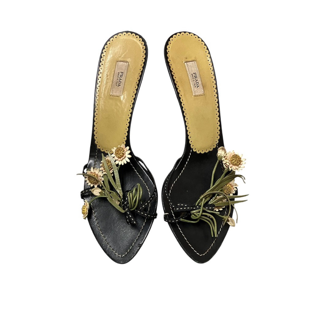 PRADA 黑色 花花 低跟 拖鞋 保證正品
