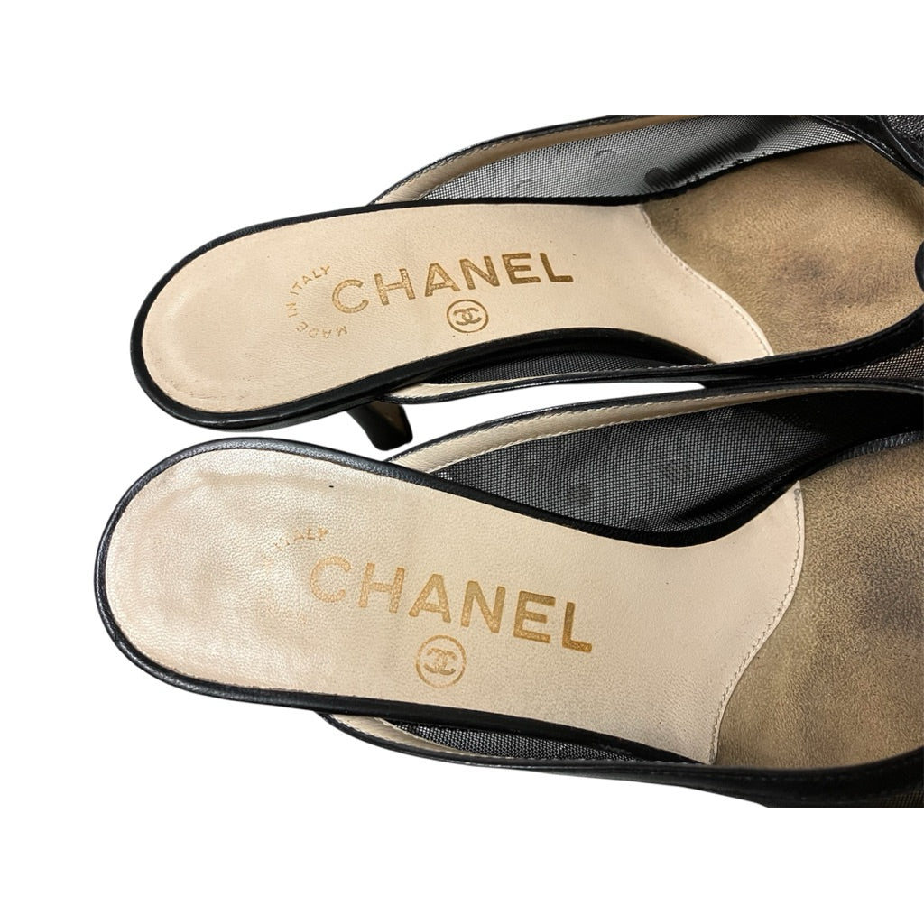 CHANEL 黑色 網紗 尖頭 低跟 拖鞋 保證正品