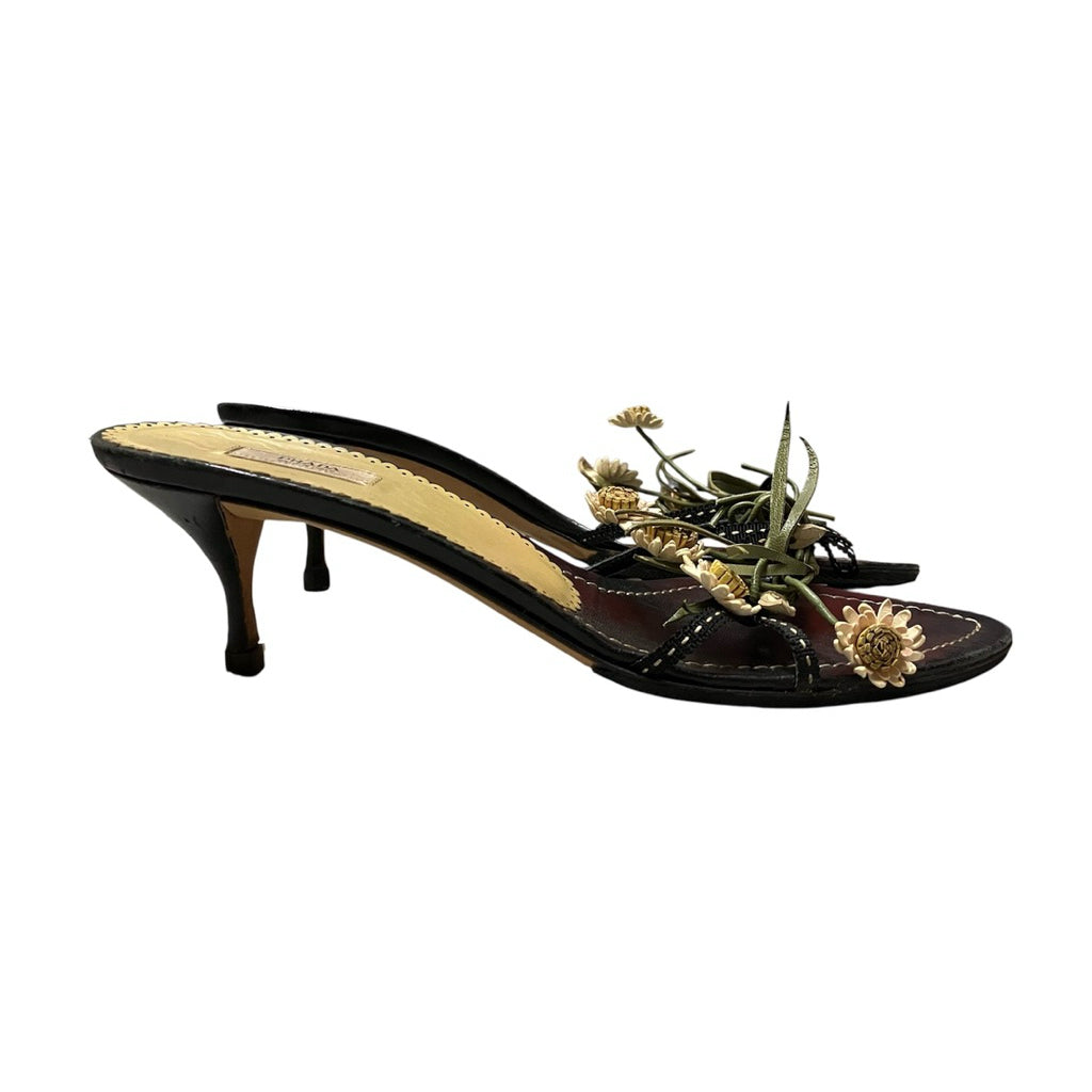 PRADA 黑色 花花 低跟 拖鞋 保證正品