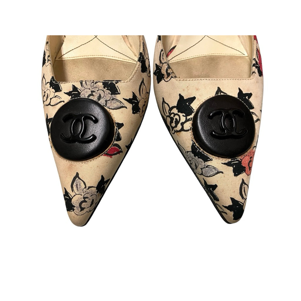 ⚠️請詳閱商品描述❗️全新閒置品❗️❗️❗️CHANEL 杏色 花卉 布面 尖頭 低跟 拖鞋 保證正品