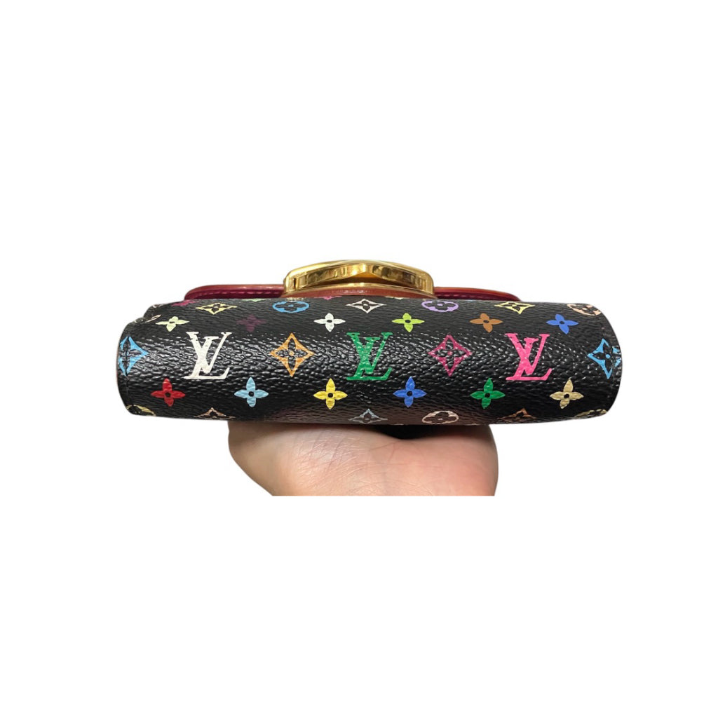 LV M58087 村上隆 黑三彩 三折 扣式 短夾 保證正品