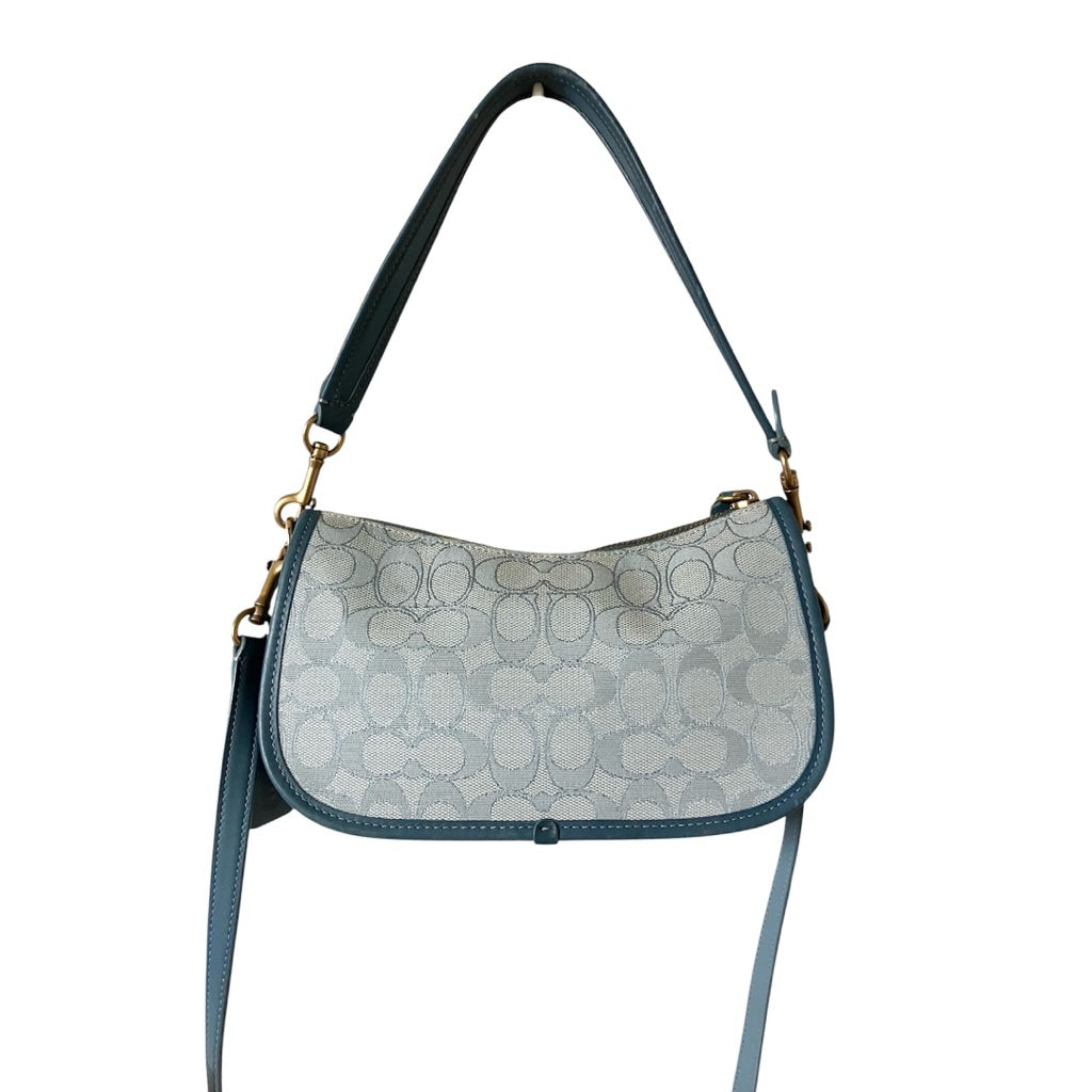 COACH 藍色 帆布 拼接 皮革 經典老花 手提 斜背包 保證正品