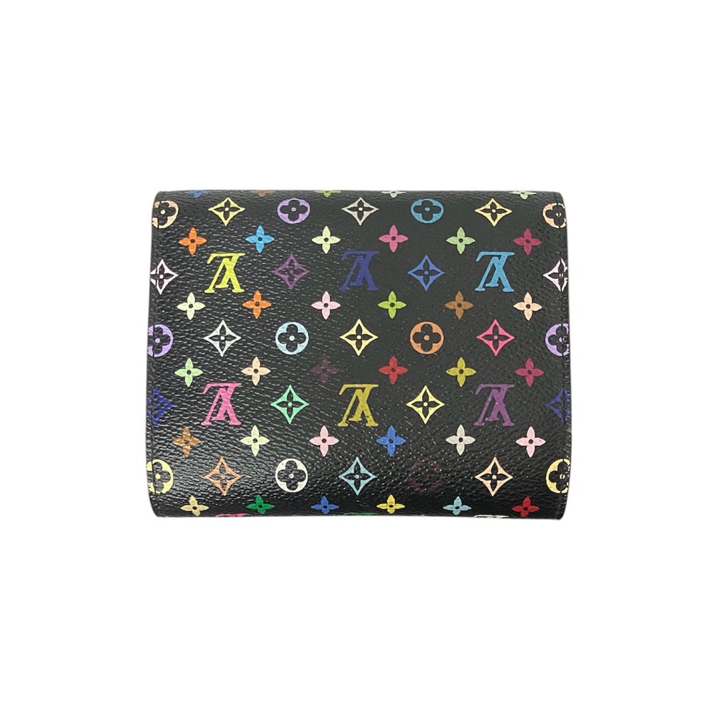 LV M58087 村上隆 黑三彩 三折 扣式 短夾 保證正品