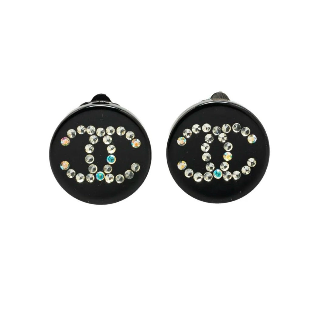 CHANEL 黑色 雙C LOGO 水鑽 夾式 耳環 保證正品
