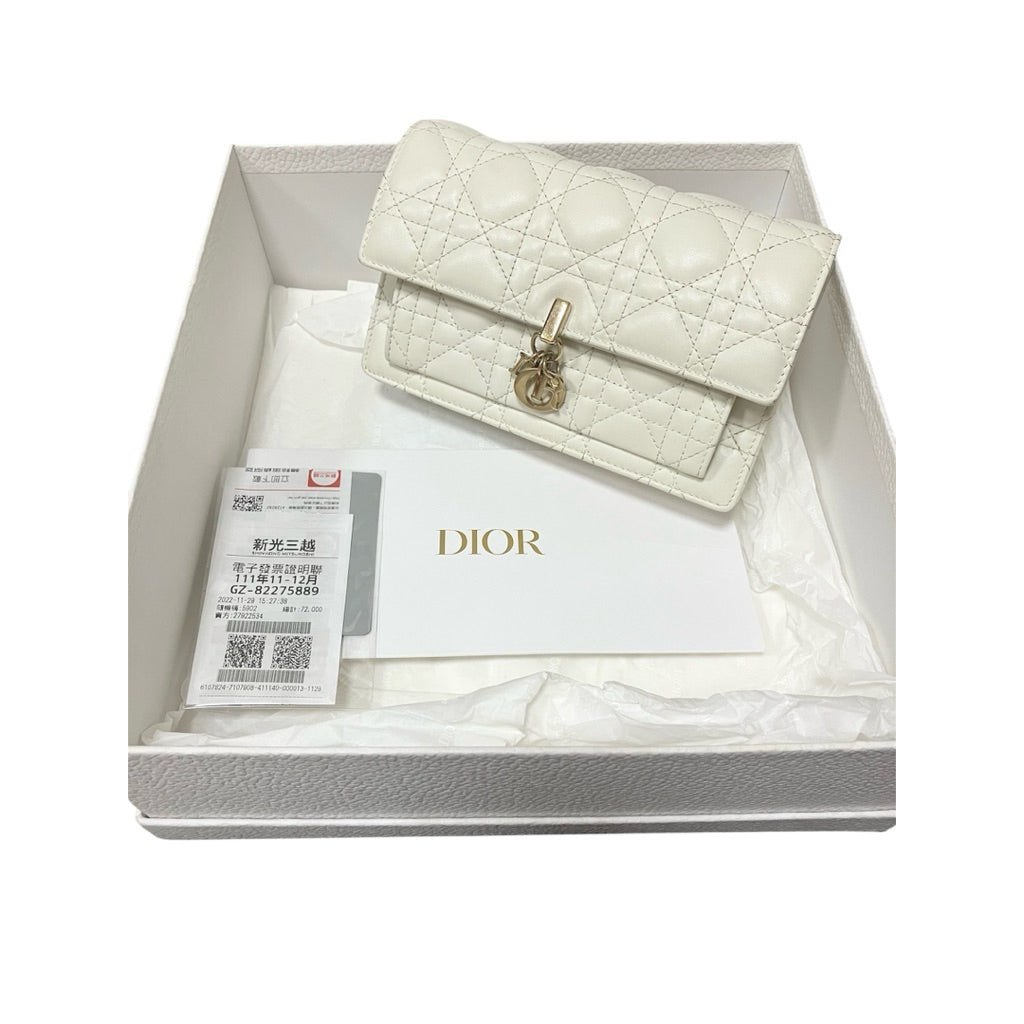 大全配❗️❗️❗️DIOR MY DIOR DALIY 奶白色 小羊皮 籐格紋 WOC 保證正品