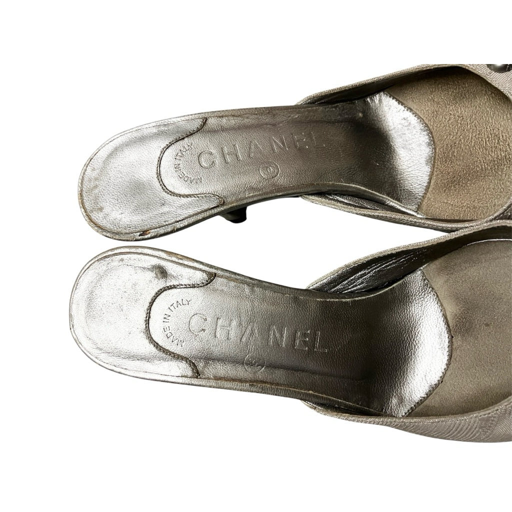 CHANEL 銀色 布面 拼接 皮革 尖頭 中跟 拖鞋 保證正品